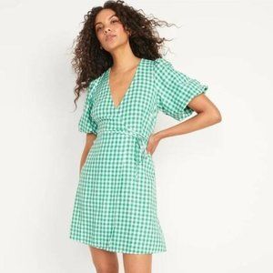 Old Navy Waist-defined Puff-sleeve Gingham Mini Wrap Dress